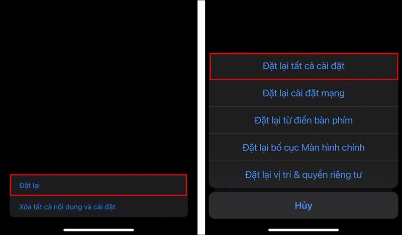 Bạn chọn Đặt lại tất cả cài đặt để điện thoại trở lại trạng thái ban đầu