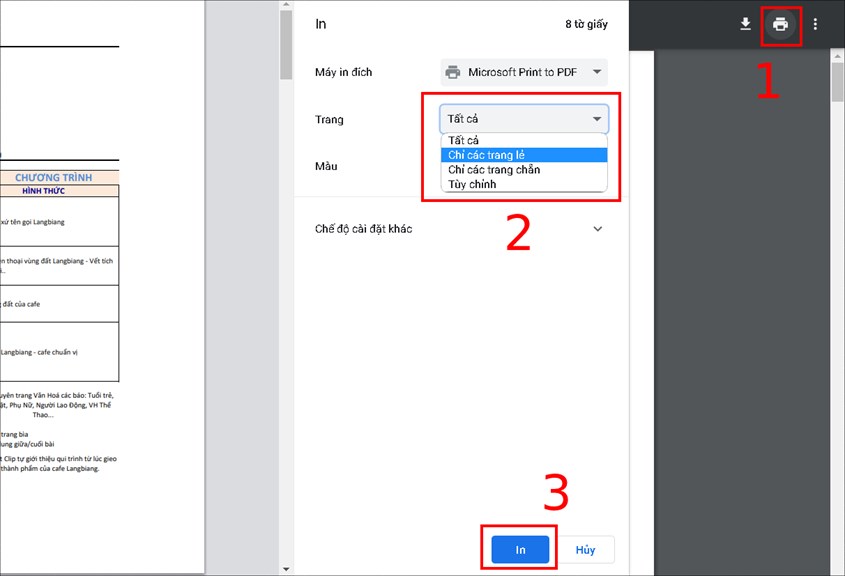 Bạn bấm tổ hợp phím Ctrl + P, sau đó chọn Page (Trang) để thiết lập và bấm Print (In) để hoàn tất