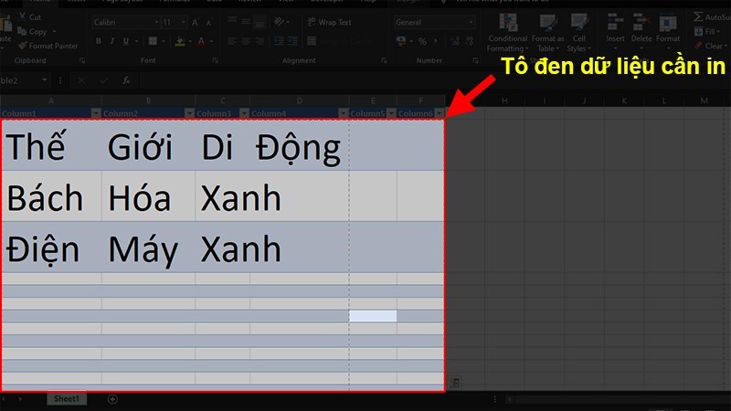 Bạn tô đen dữ liệu cần in tại file Excel mà bạn muốn in