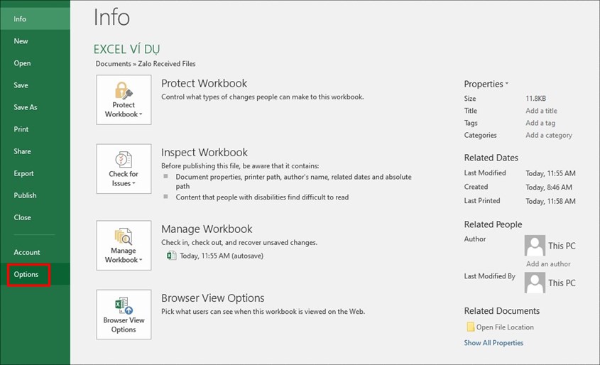 Truy cập vào  Options để mở Excel Options