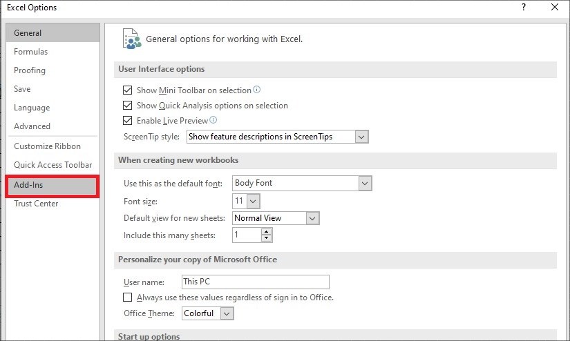 Ở menu bên trái, bạn chọn tiếp vào Add-Ins
