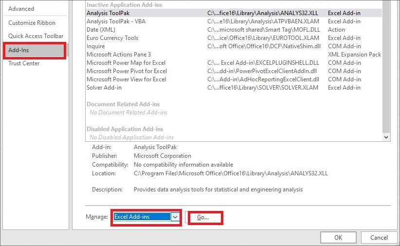 Bạn truy cập tiếp vào phần Excel Add-ins rồi nhấn Go