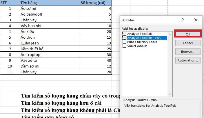 Bạn đánh dấu và chọn các Add-Ins được Excel mặc định và chọn OK để hoàn tất