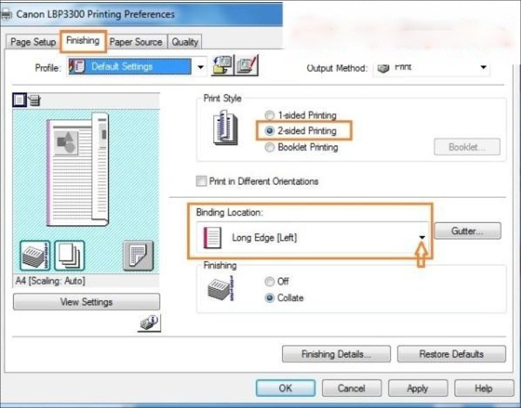 Bạn truy cập vào mục 2 Sided Printing trong tab Finishing để tùy chọn kiểu in ngang hoặc dọc