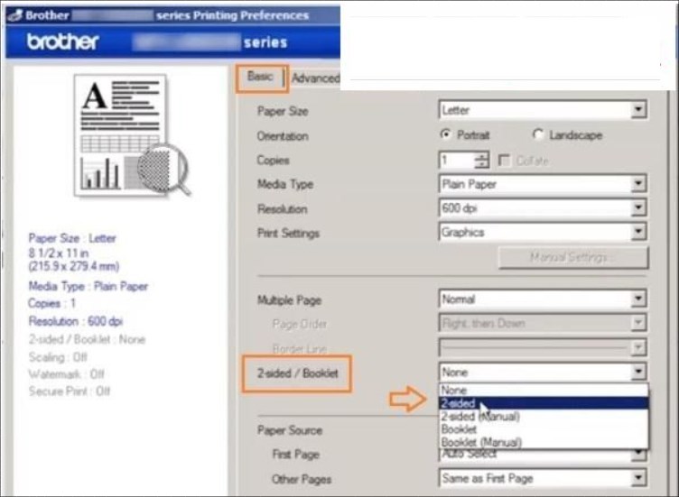 Bạn truy cập vào tab Basic và chọn 2-Sided trong mục  2-Sided/Booklet 