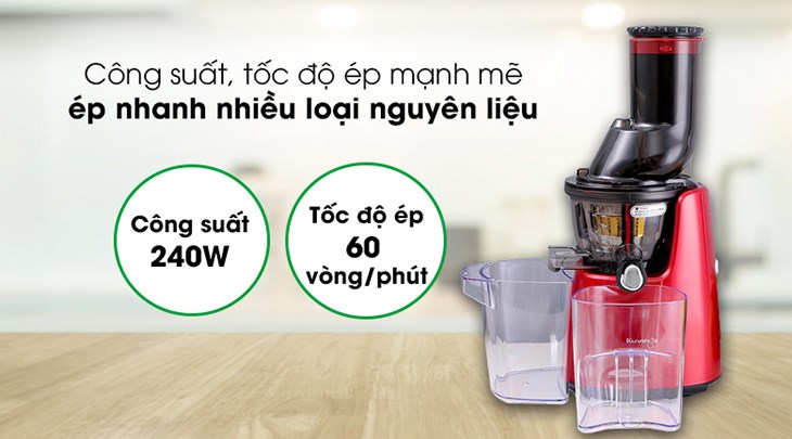 Máy ép chậm Kuvings C7000 đỏ được ứng dụng động cơ chổi than vận hành êm ái với công suất 240W cho ra lượng nước ép lớn, vắt kiệt bã