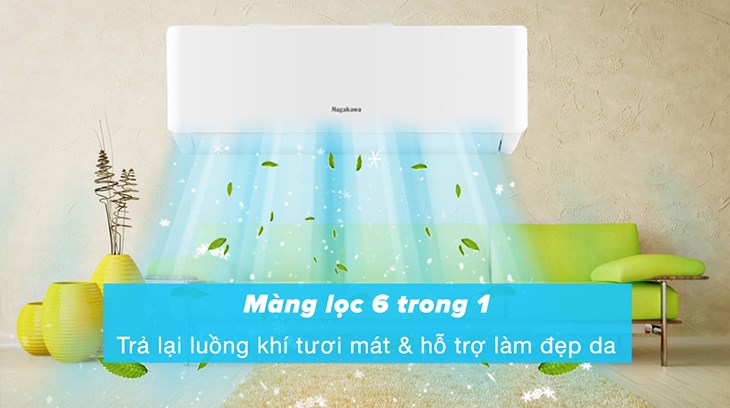 Máy lạnh Nagakawa Inverter 1 HP NIS-C09R2T28 trang bị màng lọc 6 trong 1 lọc sạch bụi bẩn và các chất gây dị ứng tối ưu, khử mùi hôi hiệu quả