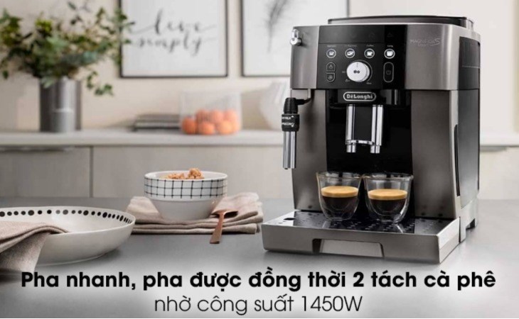 Máy pha cà phê Delonghi ECAM250.33.TB có công suất 1450W và hai vòi ra, giúp pha cà phê nhanh hơn