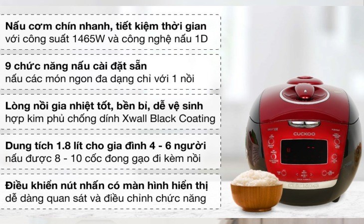 Nồi cơm áp suất cao tần Cuckoo 1.8 lít CRP-HUS1000F có nhiều tính năng vượt trội, mang lại trải nghiệm tốt cho người sử dụng