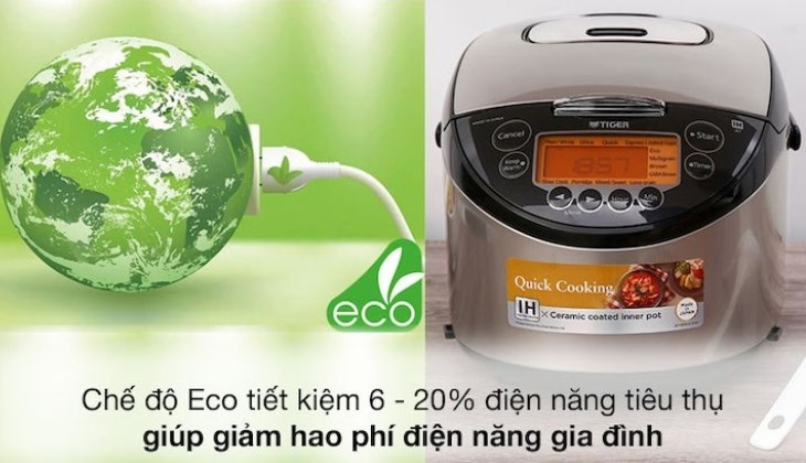 Nồi cơm điện Cao tần Tiger 1.8 lít JKT-D18V kết hợp chế độ Eco giúp tiết kiệm điện năng tiêu thụ tối đa