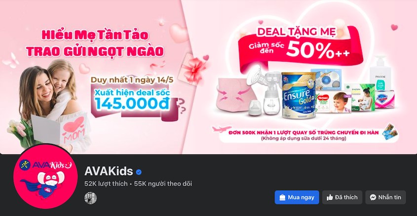 Fanpage Facebook chính thức của AVAKids giúp bạn dễ dàng theo dõi các chương trình khuyến mãi