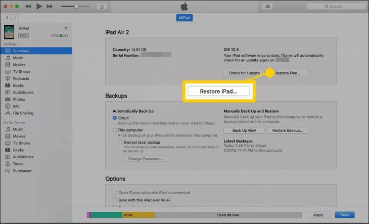 Nhấn nút Restore iPad để tiến hành khôi phục máy