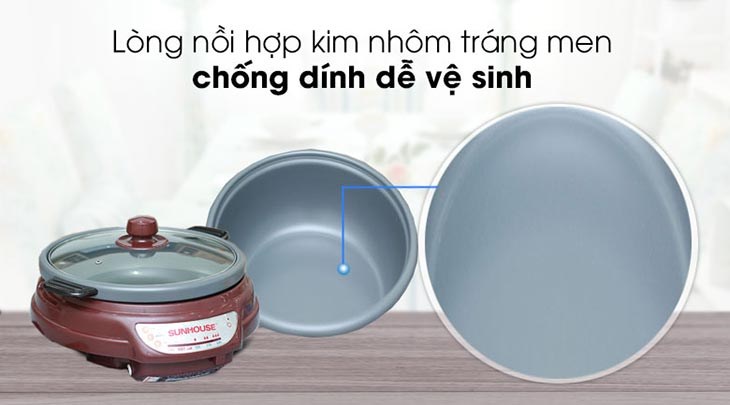 Nồi lẩu điện Sunhouse SH-535L Nâu 3.5 lít có lòng nồi tráng men chống dính an toàn cho sức khỏe, dễ dàng vệ sinh sau khi sử dụng