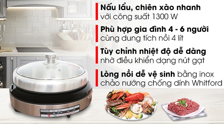 Nồi lẩu điện Sunhouse SHD4526 4 lít tích hợp nhiều ưu điểm nổi bật phù hợp nhu cầu sử dụng của nhiều gia đình