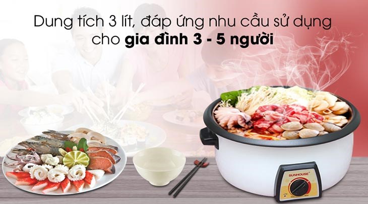Nồi lẩu điện Sunhouse SHD 4521 3 lít có dung tích nồi lớn 3 lít đáp ứng tốt nhu cầu nấu lẩu cho cả gia đình 