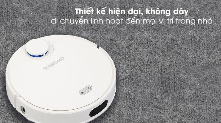 Robot hút bụi lau nhà Shimono ZK902 có thiết kế không dây nhỏ gọn, có thể làm sạch các vị trí thấp như gầm tủ, bàn hay kệ sách,...