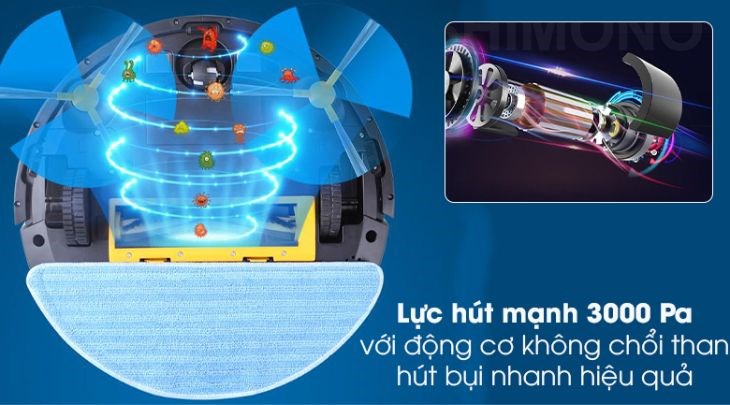 Robot hút bụi lau nhà Shimono RS38B sở hữu động cơ không chổi than Nidec giúp dọn sạch nhanh, hạn chế tiếng ồn