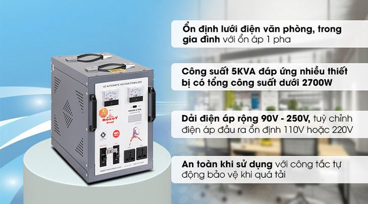 Bạn có thể sử dụng ổn áp Robot 1 pha 5KVA 90 để ổn định nguồn điện cho máy lạnh