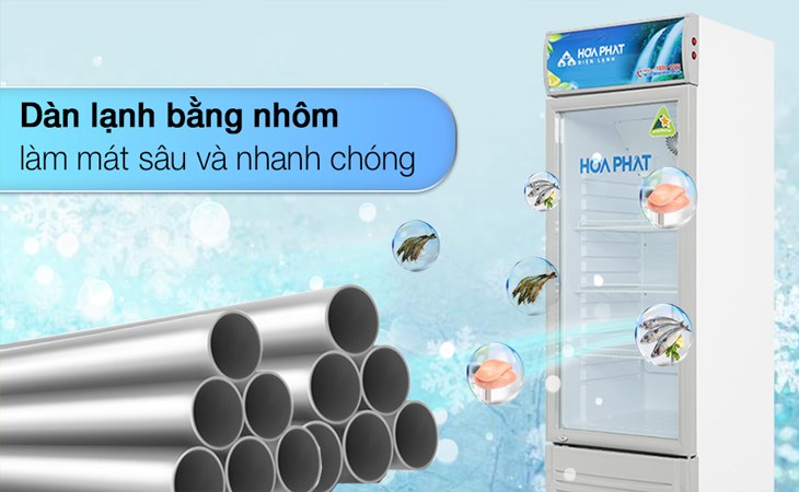 Tủ mát Hòa Phát 195 Lít HSC 550F1R1 có dàn lạnh bằng nhôm, làm mát sâu với điện năng tiêu thụ 3.24 KWh/ngày