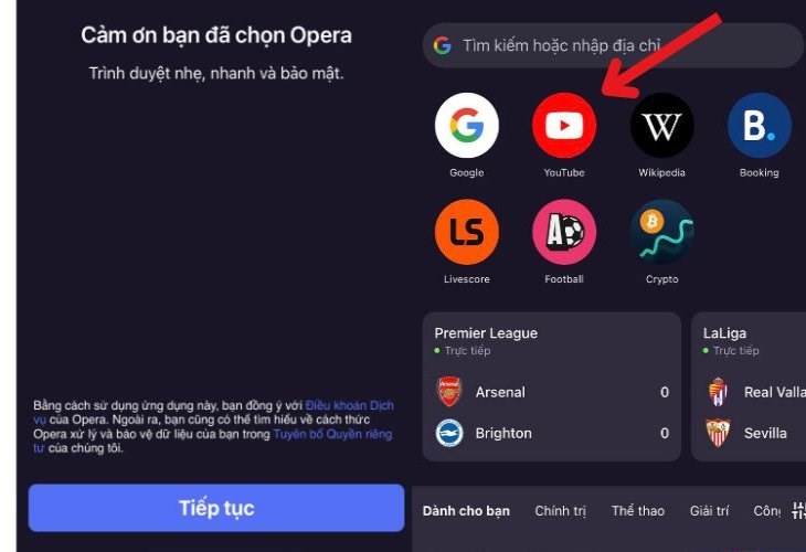 Khởi động ứng dụng Opera mini và chọn YouTuBe