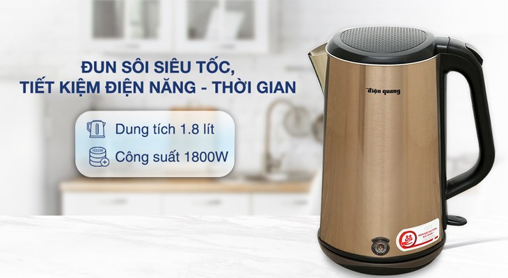 Bình đun siêu tốc Điện Quang 1.8 lít ĐQ EKT08 1818 GO đun sôi siêu tốc với công suất là 1800W