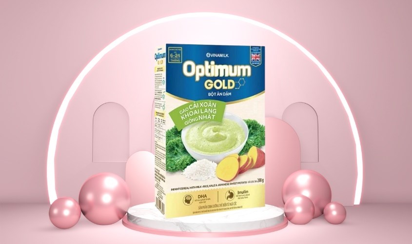 Bột ăn dặm Optimum Gold gạo, cải xoăn và khoai lang có hàm lượng dinh dưỡng cao Bột ăn dặm Optimum Gold gạo, cải xoăn và khoai lang có hàm lượng dinh dưỡng cao