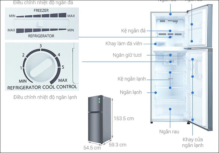 Tủ lạnh Casper Inverter 238 lít RT-250VD có chiều cao 153.5cm, rộng 54.5cm, sâu 59.3cm