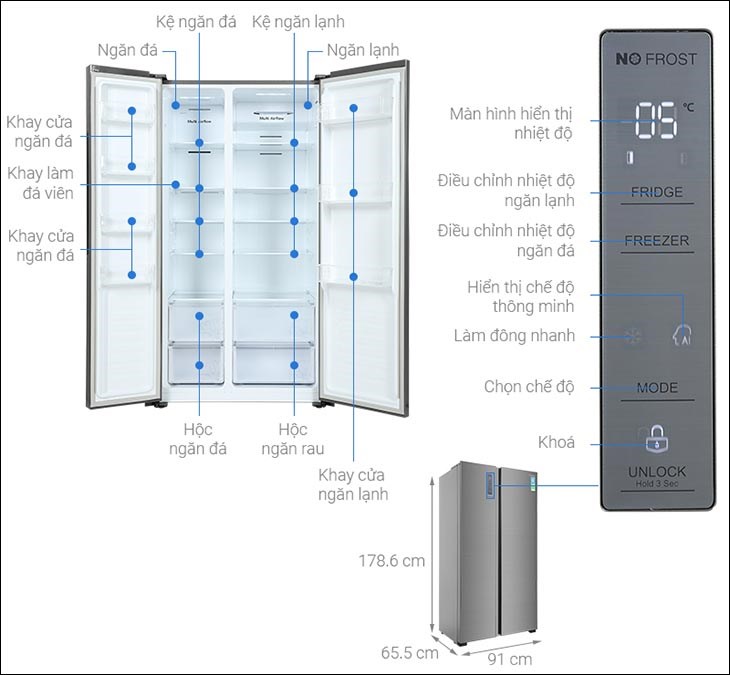 Tủ lạnh Casper Inverter 552 lít RS-570VT có chiều cao 178.6cm, rộng 91cm và sâu 65.5 cm