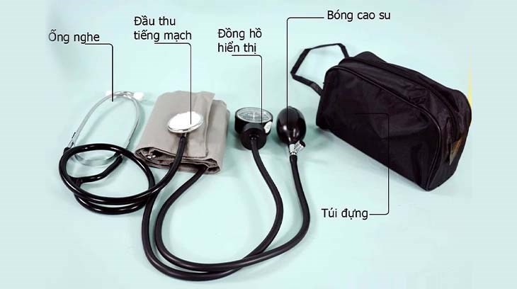 Máy đo huyết áp cơ có cấu tạo bao gồm vòng bít, ống nghe, quả bóp cao su và đồng hồ hiển thị