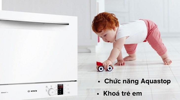 Máy rửa chén mini Bosch SKS62E32EU đảm bảo an toàn khi sử dụng nhờ tích hợp tính năng Aquastop và khóa trẻ em 