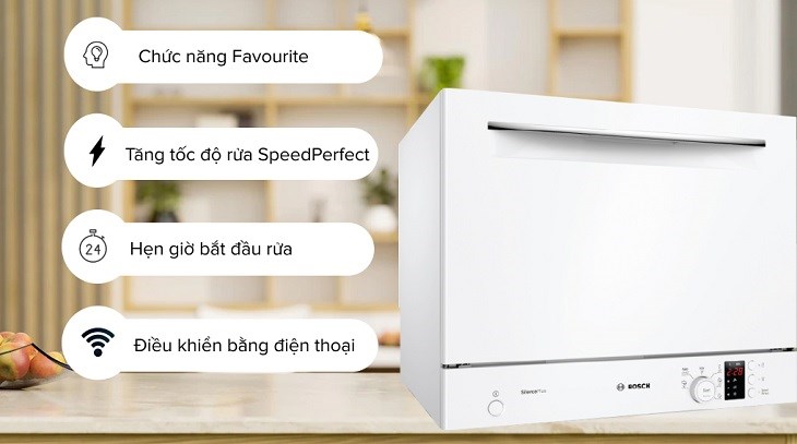 Máy rửa chén mini Bosch SKS62E32EU được trang bị nhiều tiện ích hiện đại, tiện lợi khi sử dụng