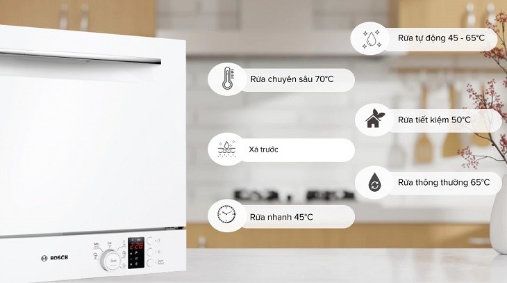 Máy rửa chén mini Bosch SKS62E32EU được trang bị đa dạng chương trình rửa, đáp ứng tối đa nhu cầu sử dụng cho người dùng