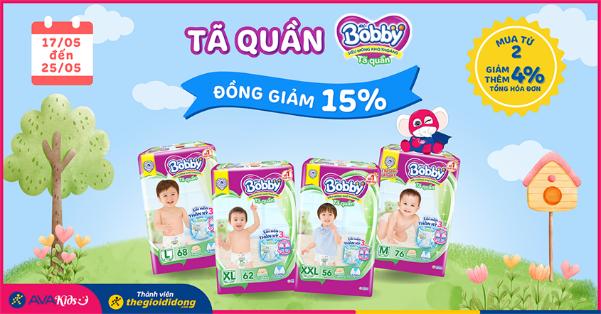 Tã quần Bobby giảm 15%, mua từ 2 giảm thêm 4% trên tổng đơn