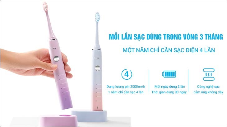  Bàn chải điện Flyco FT7105VN (Tặng 1 đầu bàn chải) sở hữu dung lượng pin lớn đến 2000mAh thời gian sử dụng lên đến 3 tháng