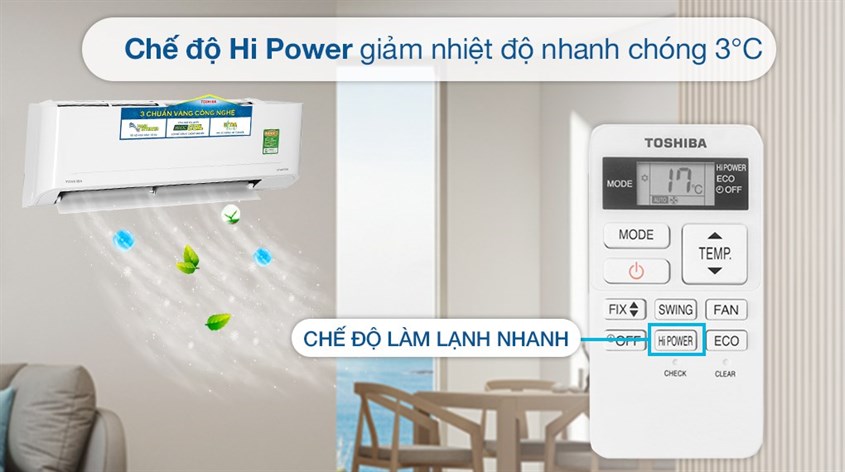 Nút Hi Power trên remote giúp bạn kích hoạt chế độ làm lạnh nhanh trên máy lạnh Toshiba 1.5 HP Inverter RAS-H13C4KCVG-V