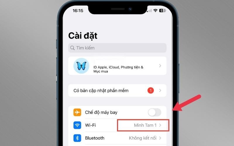 Vào Cài đặt > Bấm chọn ở mục “Wifi” để tiến hành kết nối mạng