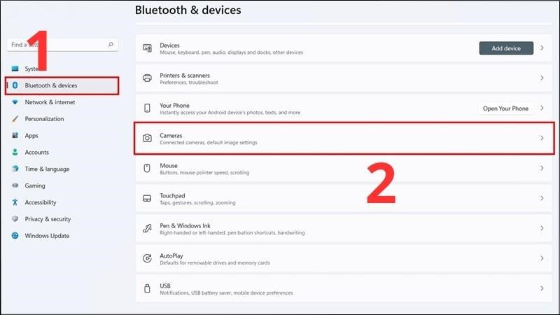 Nhấn vào phần Bluetooth & devices > Chọn Cameras