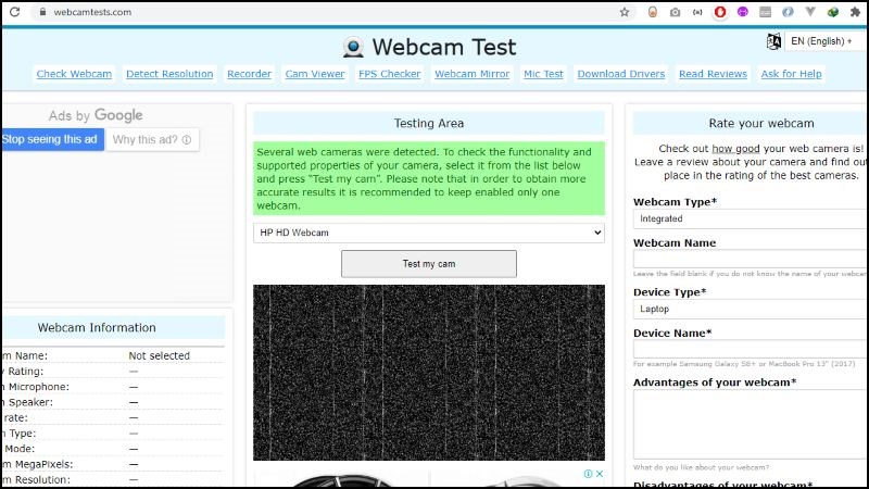Webcam tests giúp bạn kiểm tra các thông tin về webcam của mình