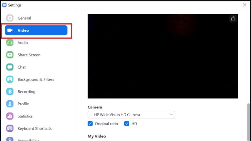 Chọn mục Video để test camera và điều khiển chất lượng video