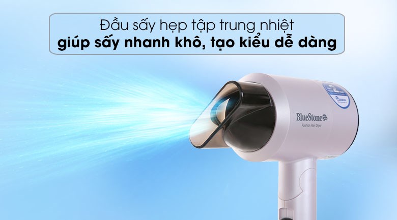 Máy sấy tóc 1100W Bluestone HDB-1827 có đầu sấy hẹp giúp tạo luồng gió tập trung, sấy nhanh hơn, tạo kiểu dễ dàng hơn