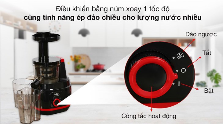 Bạn có thể tùy chỉnh tốc độ ép cùng tính năng ép đảo chiều trên máy ép trái cây Tefal ZC150838 qua điều khiển núm xoay đơn giản