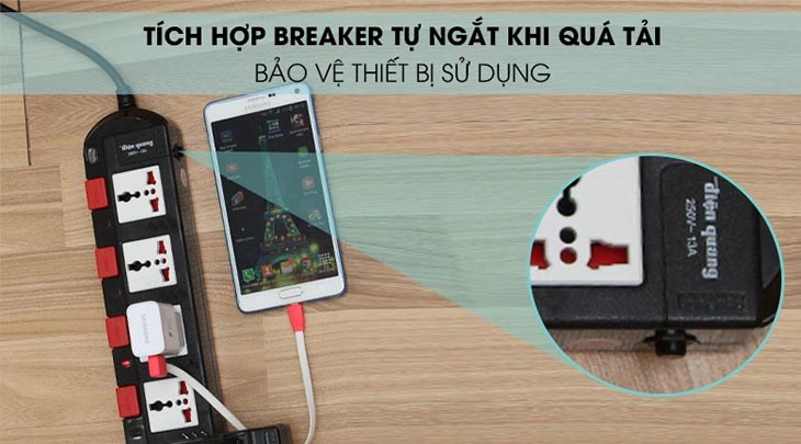 Ổ cắm điện Điện Quang 5 lỗ 2m SM-750SL tích hợp Breaker tự ngắt khi quá tải giúp đảm bảo an toàn cho thiết bị và người dùng Ổ cắm điện Điện Quang 5 lỗ 2m SM-750SL tích hợp Breaker tự ngắt khi quá tải giúp đảm bảo an toàn cho thiết bị và người dùng