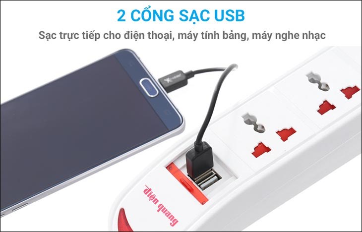 Ổ cắm Điện Quang 3 lỗ 2 USB 5m DBW103USB tích hợp cổng USB tiện lợi sạc điện thoại, loa bluetooth, máy tính bảng, sạc dự phòng Ổ cắm Điện Quang 3 lỗ 2 USB 5m DBW103USB tích hợp cổng USB tiện lợi sạc điện thoại, loa bluetooth, máy tính bảng, sạc dự phòng