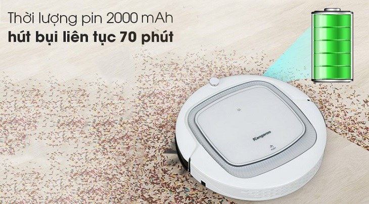 Robot hút bụi Kangaroo KGRB01 Trắng có dung lượng pin lượng pin 2000 mAh, hỗ trợ làm sạch bụi bẩn tại những không gian rộng với khả năng hoạt động liên tục 70 phút