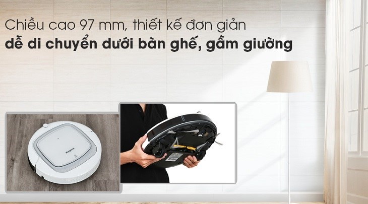 Robot hút bụi Kangaroo KGRB01 Trắng sở hữu thiết kế nhỏ gọn, tiện hút bụi tại những khu vực nhỏ hẹp