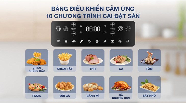 Người dùng có thể tận dụng 10 chức năng cài đặt nấu sẵn của lò chiên không dầu Kangaroo KG12AF1A để nấu nướng nhanh gọn