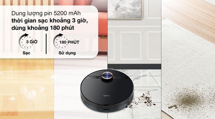 Robot hút bụi lau nhà Midea M7 Pro cho thời gian sử dụng lên đến 180 phút nhờ vào sở hữu dung lượng pin lớn 5200mAh