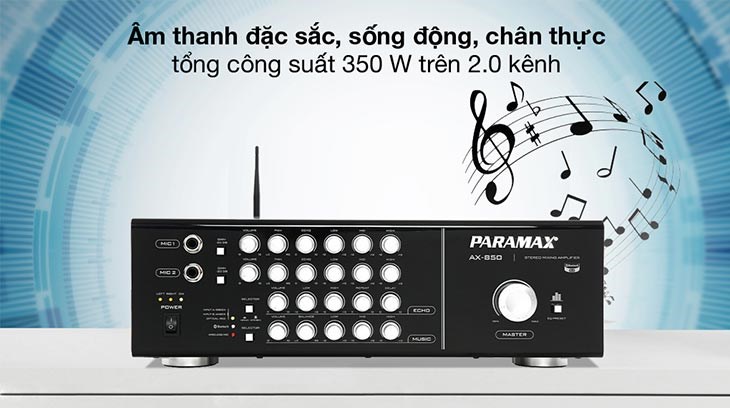 Amply Paramax AX-850 350W có 2 kênh, mỗi kênh có trở kháng là 4 ohm