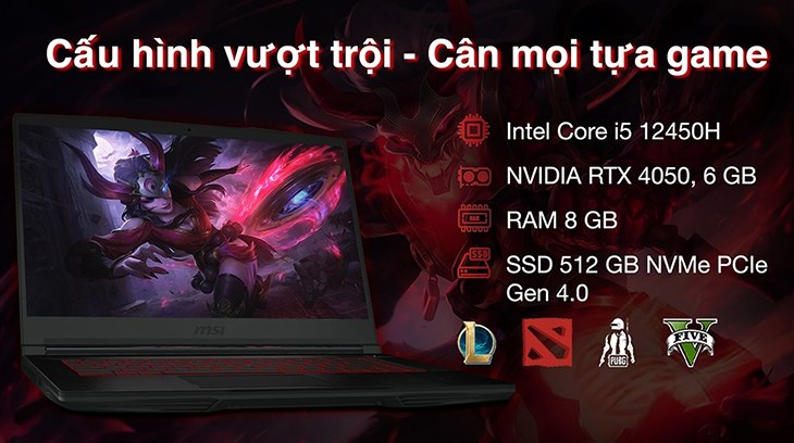 Laptop MSI Gaming GF63 Thin 12VE i5 12450H là dòng laptop Windows chuyên dành cho game thủ nên có hiệu năng vượt trội