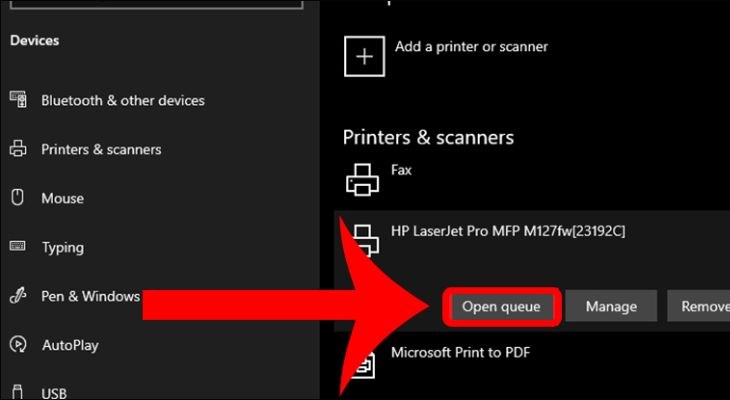 Chọn lệnh Open queue cho máy in bị lỗi